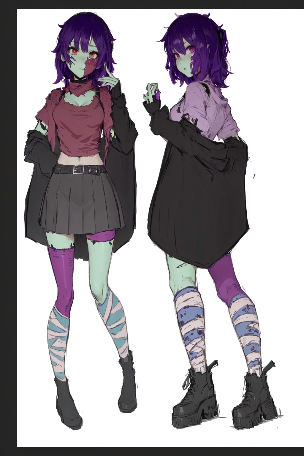 two anime girls in short skirts and tights are standing next to each other, full body concept, detailed full body concept, outfit design, [ character design ], some green and purple, detailed character design, unrealistic character concept, full body character design, clothing concept, full body character concept, full body adoptable, character adoptable, outfit designs, full body illustration, green skin, anime costume, zombie cosplay, anime, bandages wrapped around legs, 
