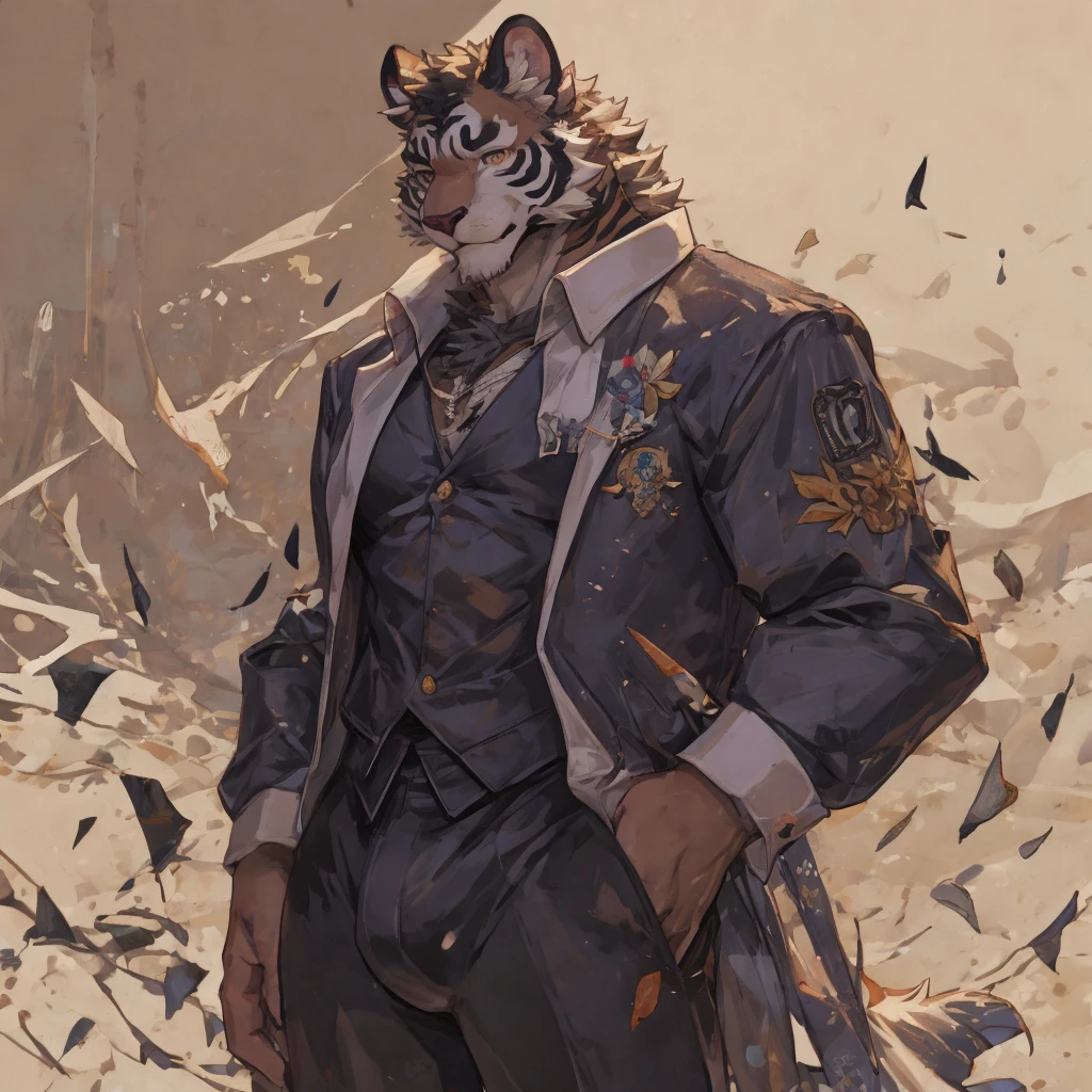 {{bara extremely handsome white tiger,}} {{white fur,}} white, wearing elegant ornate suit jacket, trousers, white dress shirt and necktie, white fluffy furry body and limbs, loafers, very tall, very broad shoulders, narrow waist, muscular arms, massive pecs, purple eyes, very long legs, massive bulge, sophisticated hot look, 3/4 view, best quality, high detail, CG image, character splash art, silver earring on left ear, sultry smirk