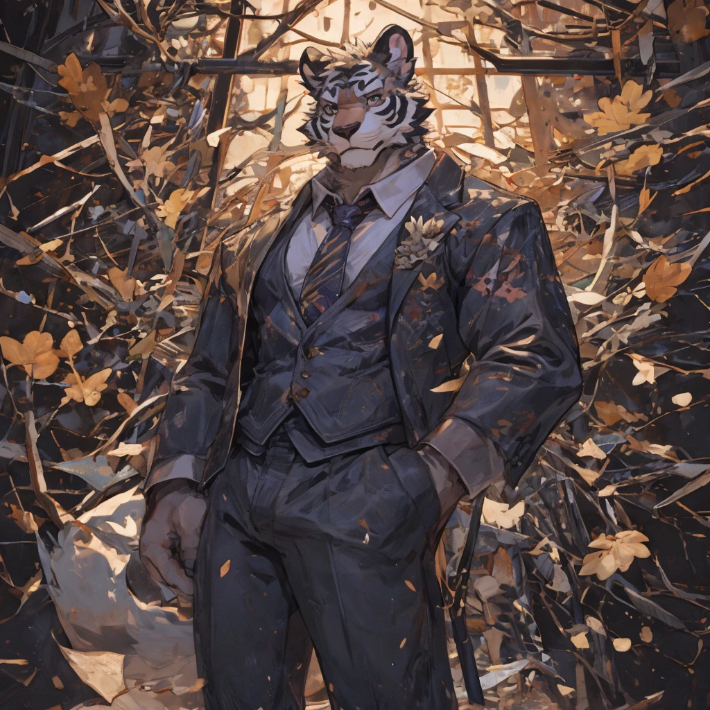{{bara extremely handsome white tiger,}} {{white fur,}} white, wearing elegant ornate suit jacket, trousers, white dress shirt and necktie, white fluffy furry body and limbs, loafers, very tall, very broad shoulders, narrow waist, muscular arms, massive pecs, purple eyes, very long legs, massive bulge, sophisticated hot look, 3/4 view, best quality, high detail, CG image, character splash art, silver earring on left ear, sultry smirk
