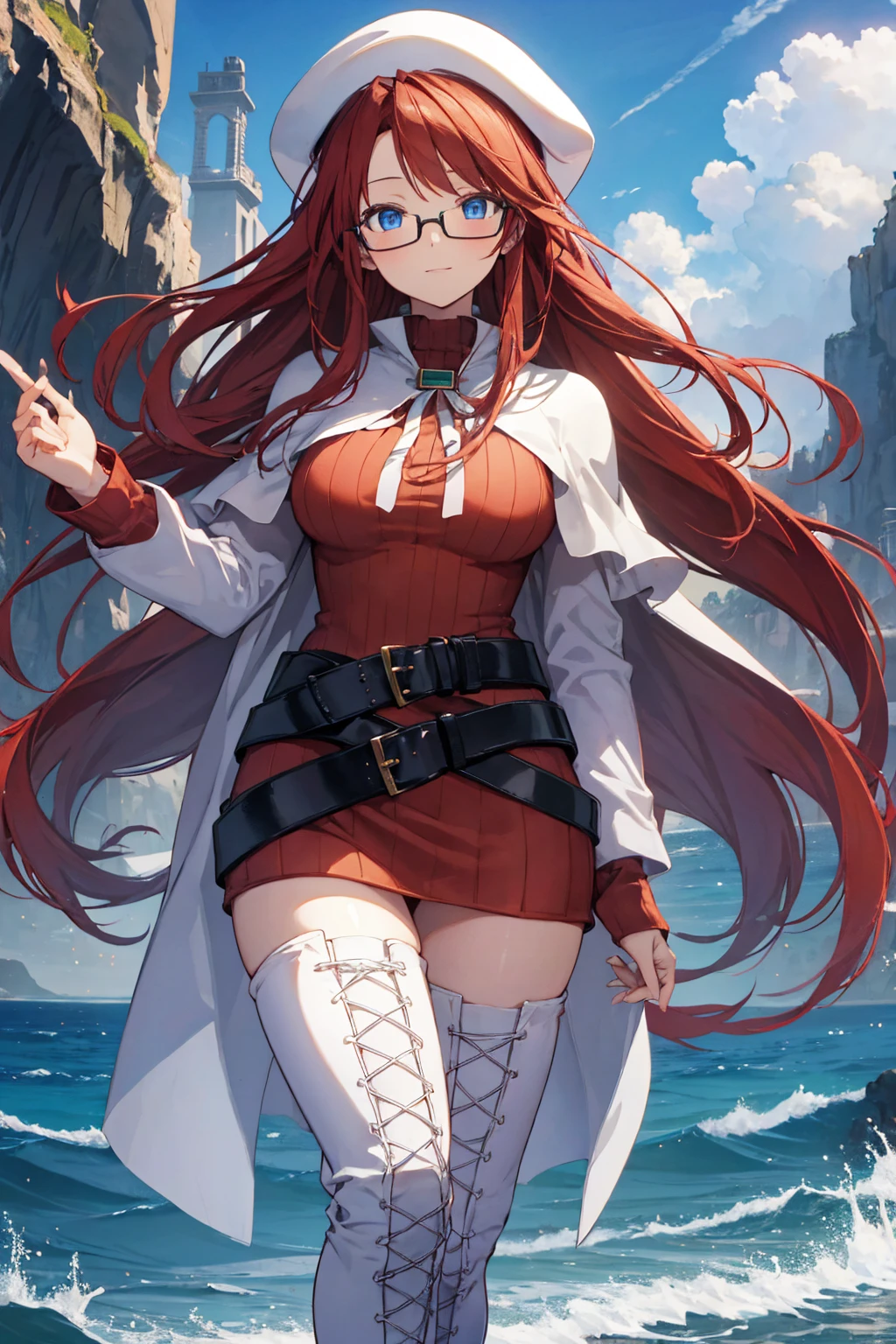 summonnightaty, aty, (young:1.3),long hair, blue eyes, red hair, big_tits, hat, glasses,
BREAK long hair, thighhighs, hat, dress, naked_legs, glasses, belt, cape, sweater, zettai ryouiki, beret, thigh boots, white footwear, ribbed sweater, loose belt,solo,
BREAK outdoors, fantasy,on_beach,
,Highquality_hads,perfect_fingers,
BREAK (masterpiece:1.2), best quality, high resolution, unity 8k wallpaper, (illustration:0.8), (beautiful detailed eyes:1.6), extremely detailed face, perfect lighting, extremely detailed CG, (perfect hands, perfect anatomy),covered_nipples,covered_navel ,half_eyes,long_sword,sleepy_eyes,red_sweater,apart_knees,magical_effect,spread_legs, have_a_book,teacher,rise_knee,Smile,rise_hand,look_down_viewer,spread_arms,sea_waves,looking_into,blue_sky,plump,open_mouth, dynamic_posing,solo