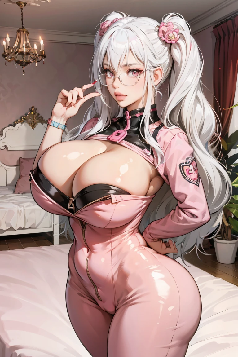 (1girl), red eyes, ((white hair)), pigtails, long hair, x ornament, big lips, pretty lips, ((gyaru)), gyaru hairstyle, ornaments, seductive アニメ girl, thicc, cute アニメ, plant, cute room, shiny ass, pink room, アニメ、Bodysuits、chest、clothing、Curvaceous、Curvaceous body type、eye contact、woman、Glasses、heart、Huge chest、Big chest、Long Hair、View your viewers、Plug Suit、A seductive smile、solo、Are standing、Thick thighs、Thighs、sensuous、Wide hips、Huge ass