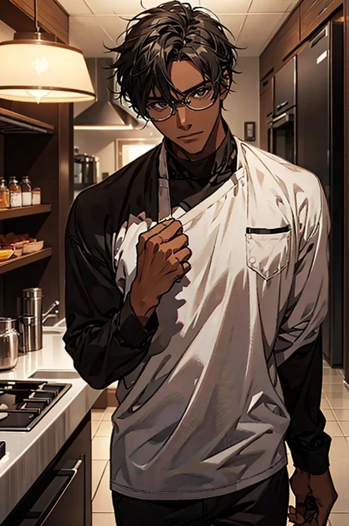 1male, black hair, dark skinned man, very dark skin, brown eyes, black hair, muscular body, casual clothes, casual pose, glasses, mature face, ikemen, smile, kitchen background, 4k, high resolution, rim lighting