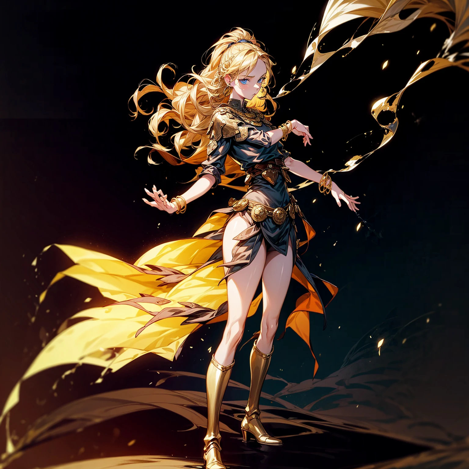 1girl, Full body version, 1character, adult version, blue eyes color, long Curly haircut, blonde colour hair, Gold earrings, gold bracelets, medieval style clothing, black armor, long boots, knife Assassin in hand Grassroots, background in castle square, motion blur, standing gesture, smoke effect, lighting, lighting gold, plasma effect, aura effect, (attack on Titan style art) 