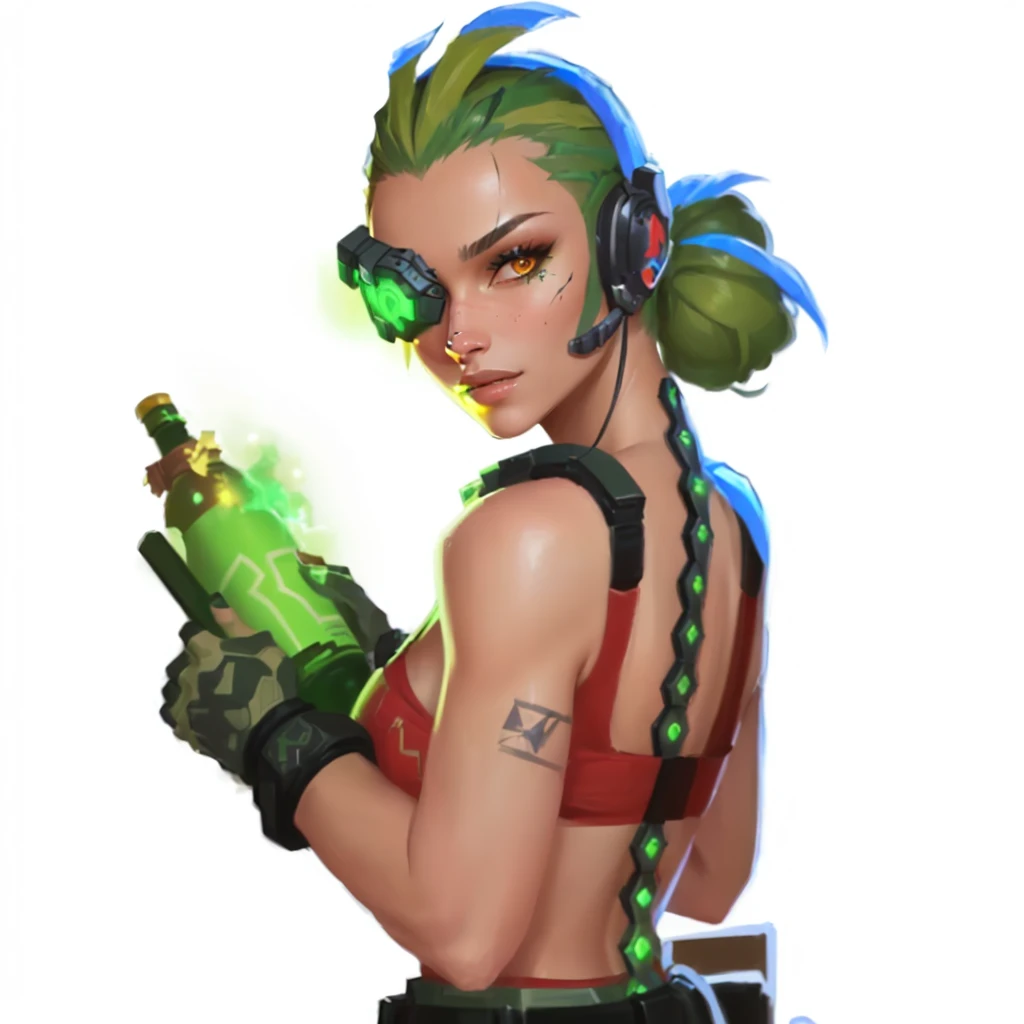 a close up of a person holding a bottle of liquid, sage ( valorant ), valorant character, loba andrade from apex legends, character art the contra, senna from league of legends, in style of apex legends, cyberpunk gorgeous druid, echo from overwatch