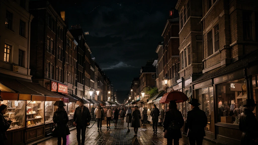 (located dramatically on london victorian london slum night market flea with dramatic red lantern lights source) element detail with rustic background, dark, night scene, no-light, shade, shadow, storm night cinematic, detail environtment scenery, people interact on that market, little rain situation, people are wearing umbrellas format beauty, shades, desaturate, ultra HD, taken with Fujifilm XF 56mm f/1.2 R Lens. long exposure, HDR10 8K
