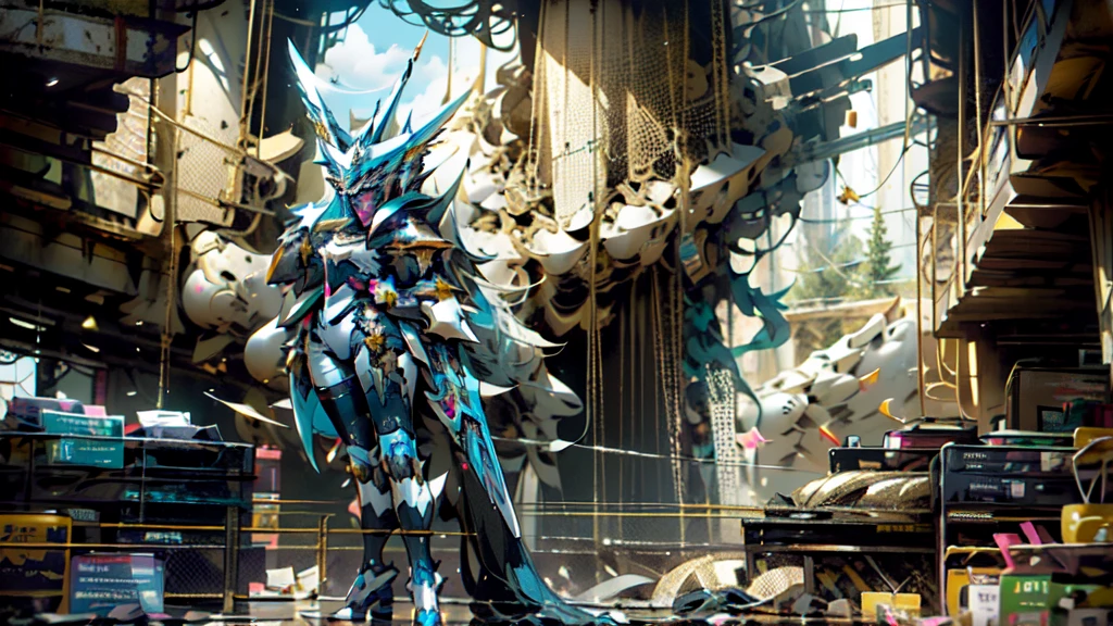 full body woman as an archangel, with black purple cyberdroid, mecha-armor, wearing a short blusher veil, messy hairdo, golden mecha-halo on top of the head, heavy Arch angel mecha-wings, visible face, big chest, bikini armor