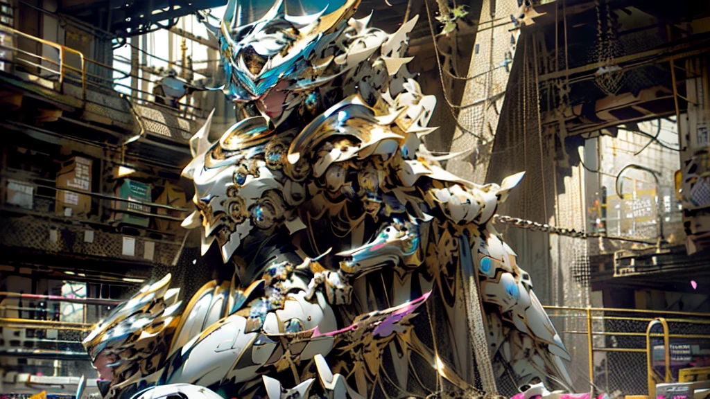 full body woman as an archangel, with black purple cyberdroid, mecha-armor, wearing a short blusher veil, messy hairdo, golden mecha-halo on top of the head, heavy Arch angel mecha-wings, visible face, big chest, bikini armor