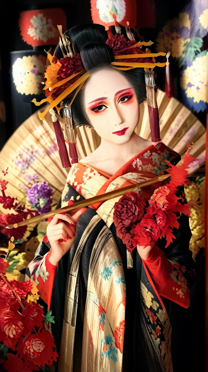 Beautiful courtesan woman, The perfect courtesan face, Perfect courtesan body,Oiran Makeup,Oiran hairstyle, Are standing, smile,, Holding a fan in your hand、High-quality photos、Real Image