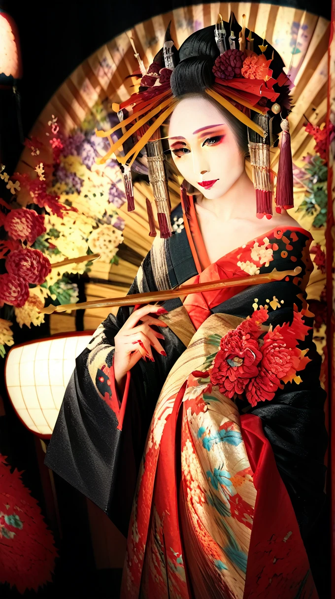 Beautiful courtesan woman, The perfect courtesan face, Perfect courtesan body,Oiran Makeup,Oiran hairstyle, Are standing, smile,, Holding a fan in your hand、High-quality photos、Real Image