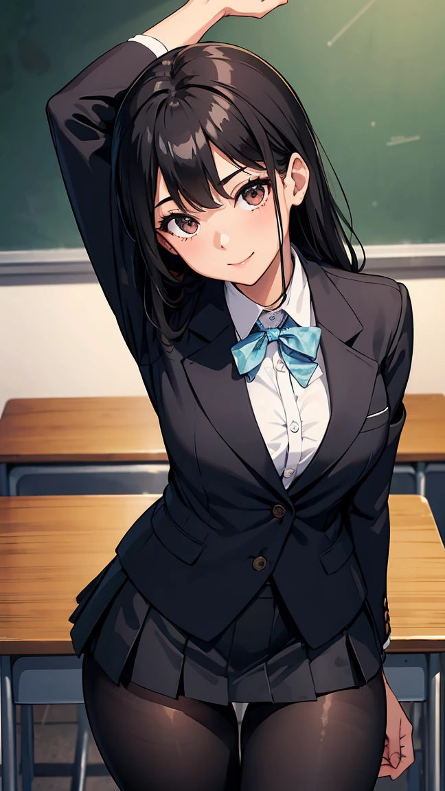 One Girl, Five Fingers, mini skirt, Looking down at the viewer, Black Hairロングヘアー, Highest quality, Focus on the thighs, Dynamic pose, smile, blazer, blouse, Black Pantyhose, panties under pantyhose, Standing Split, classroom, Black Hair, Stylish pose,My thighs are steaming between my legs、I-shaped balance