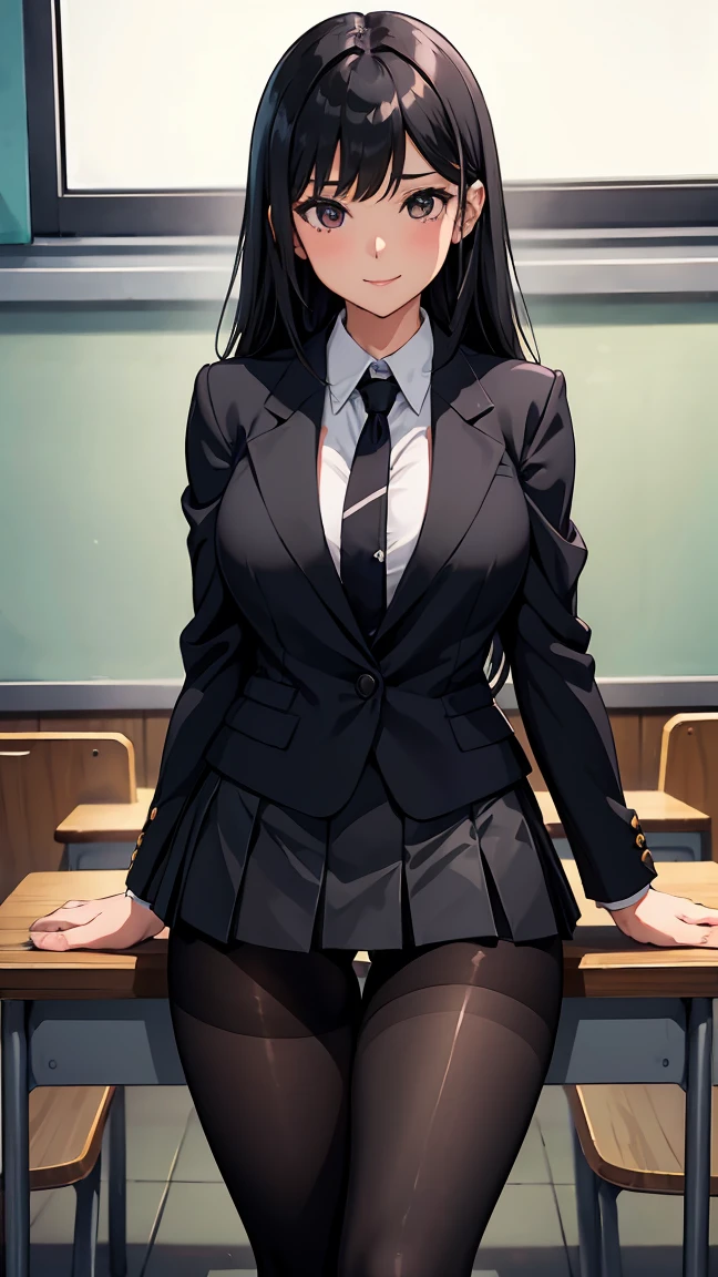 One Girl, Five Fingers, mini skirt, Looking down at the viewer, Black Hairロングヘアー, Highest quality, Focus on the thighs, Dynamic pose, smile, blazer, blouse, Black Pantyhose, panties under pantyhose, Standing Split, classroom, Black Hair, Stylish pose,My thighs are steaming between my legs、I-shaped balance
