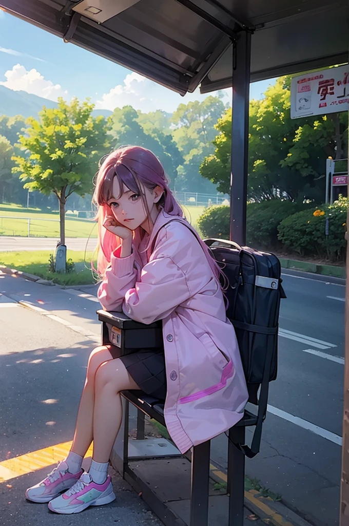 Sketch of transparent manga girl drawn with neon purple pink lines, sitting at bus stop, countryside scenery, summer day, blend of 3D photography and 2D line art, nostalgic atmosphere. --ar 3:4 --style raw --stylize 500 --niji 6