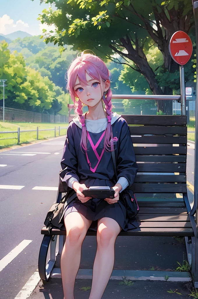 Sketch of transparent manga girl drawn with neon purple pink lines, sitting at bus stop, countryside scenery, summer day, blend of 3D photography and 2D line art, nostalgic atmosphere. --ar 3:4 --style raw --stylize 500 --niji 6