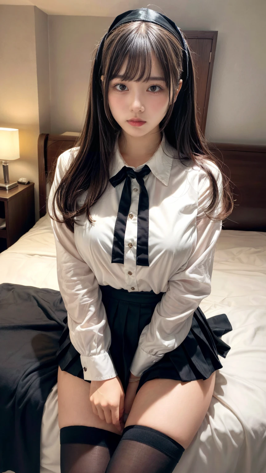 masterpiece, best quality, illustration, Super detailed, fine details, High resolution, 8K,wall paper, perfect dynamic composition,(Details High quality, realistic depiction of eyes:1.3), (collared shirt:1.1), pleated skirt, knee high socks, large breasts, black hair color, Big Natural Color Lip, bold sexy pose, (perfect body shape), crying a little、cold gaze, Harajuku style、20 year old girl、cute type、ta、beautiful legs, hotel room, hposing Gravure Idol, Voluptuous thighs