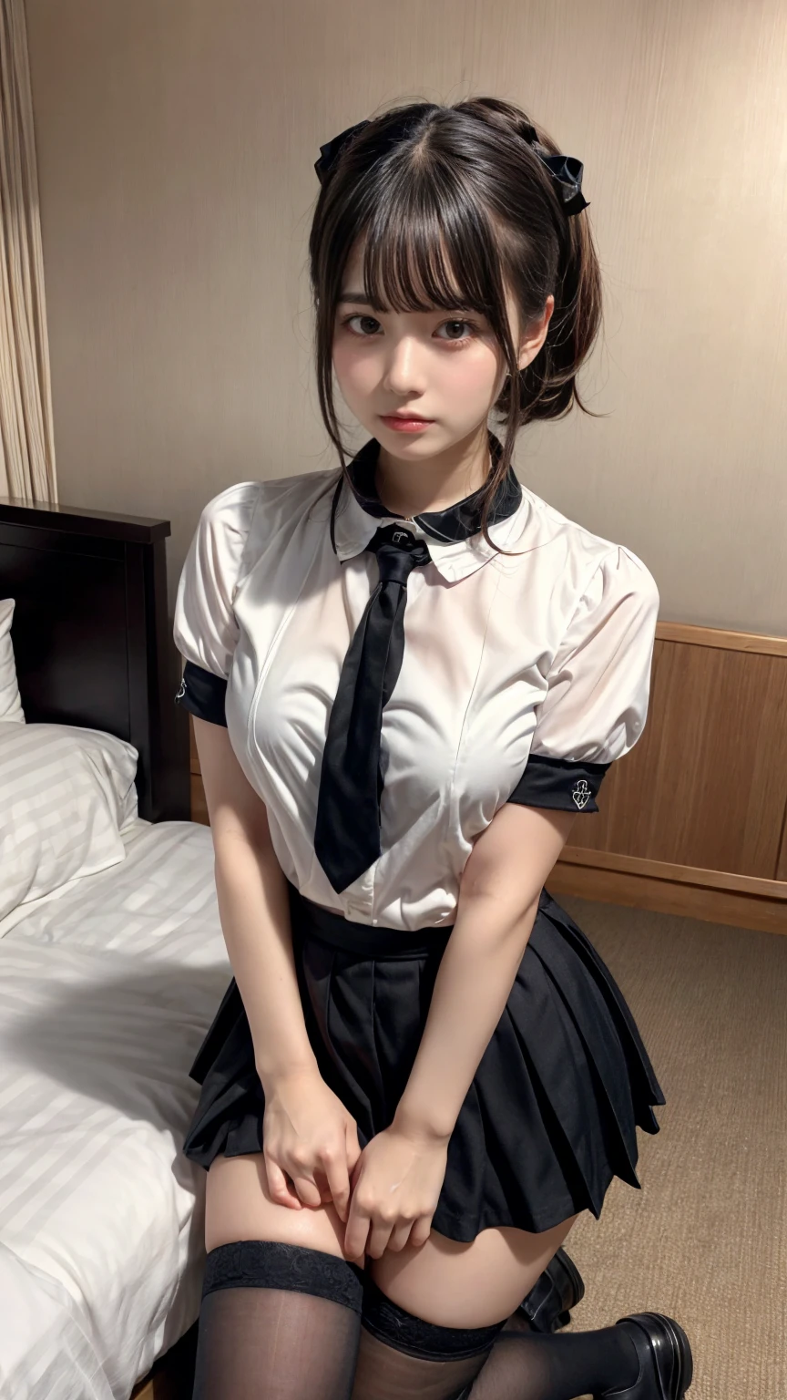 masterpiece, best quality, illustration, Super detailed, fine details, High resolution, 8K,wall paper, perfect dynamic composition,(Details High quality, realistic depiction of eyes:1.3), (collared shirt:1.1), pleated skirt, knee high socks, large breasts, black hair color, Big Natural Color Lip, bold sexy pose, (perfect body shape), crying a little、cold gaze, Harajuku style、20 year old girl、cute type、ta、beautiful legs, hotel room, hposing Gravure Idol, Voluptuous thighs