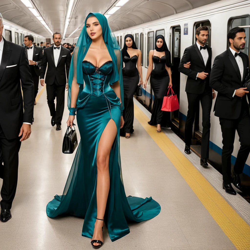 A woman secretary in the translucent night gown, wear corset with bra expose, wear blazer,wearing satin hijab, full body,mermaid tight long gown, flowy dramatic long gown,very long flor length gown, tall women, walk in the train coridor, between passanger, in the middle of the crowd, walking in a hurry,carry a bag, making a telephone call,
sexy face, sexy pose, wear high heels, masterpice, hyper realistic