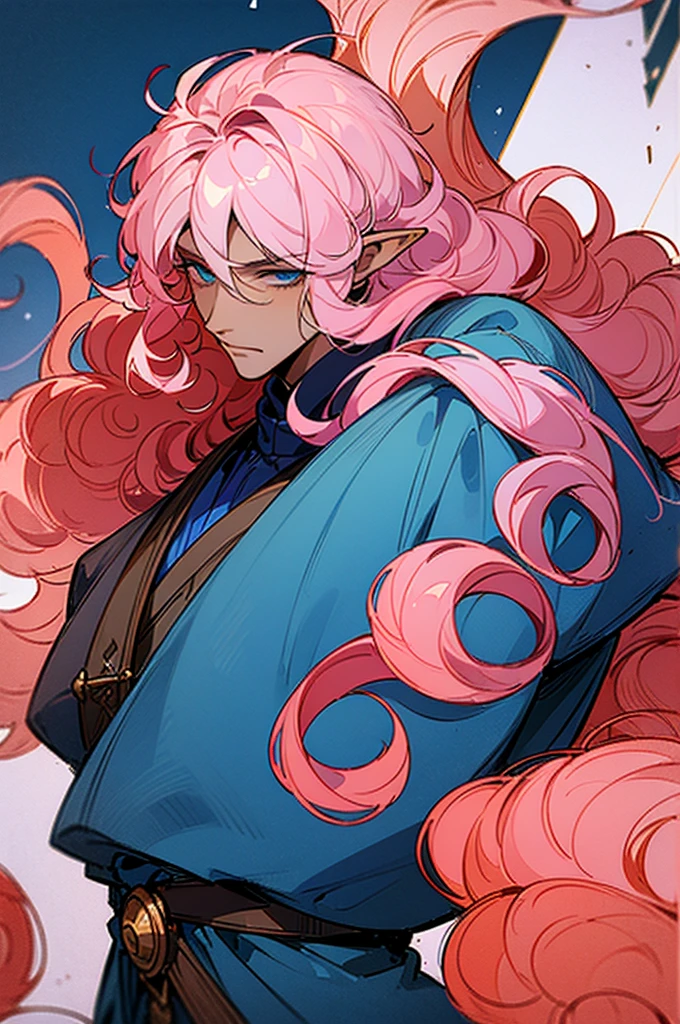 ((masterpiece)), ((one man)), man, man in late 30s, dark skin, blue eyes, detailed eyes, elve ears, pink hair, long hair, long curly hair, ((curly hair)), curly hair, tall, handsome, mature, blue clothes,