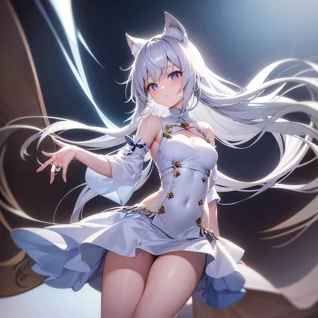 、White、Silver Hair、Long Hair、small breasts、lift up skirt