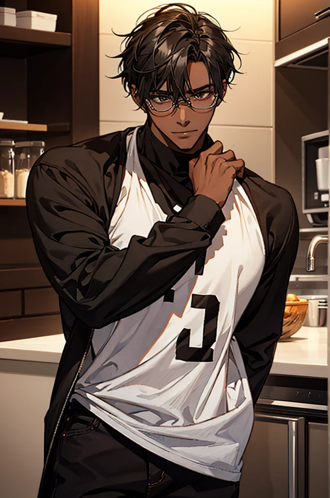 1male, black hair, dark skinned man, very dark skin, brown eyes, black hair, muscular body, casual clothes, casual pose, glasses, mature face, ikemen, smile, kitchen background, 4k, high resolution, rim lighting