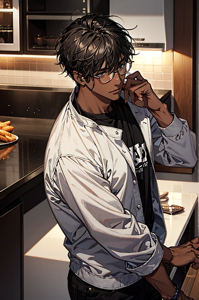 1male, black hair, dark skinned man, very dark skin, brown eyes, black hair, muscular body, casual clothes, casual pose, glasses, mature face, ikemen, smile, kitchen background, 4k, high resolution, rim lighting