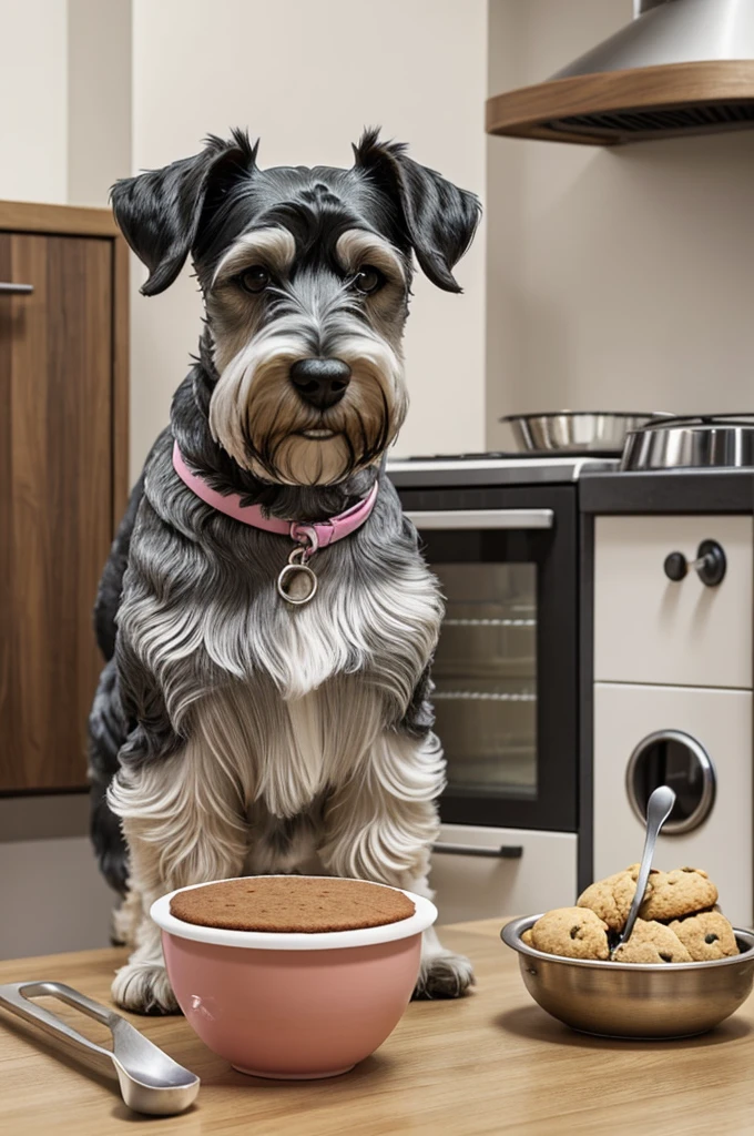 The schnauzers dog must be cooking sweet things, like cakes or cookies. In one of its legs, must hold a bowl, inside which there is a blender in operation. I would like the scene to be visually harmonious and detailed, with soft colors and realistic elements."