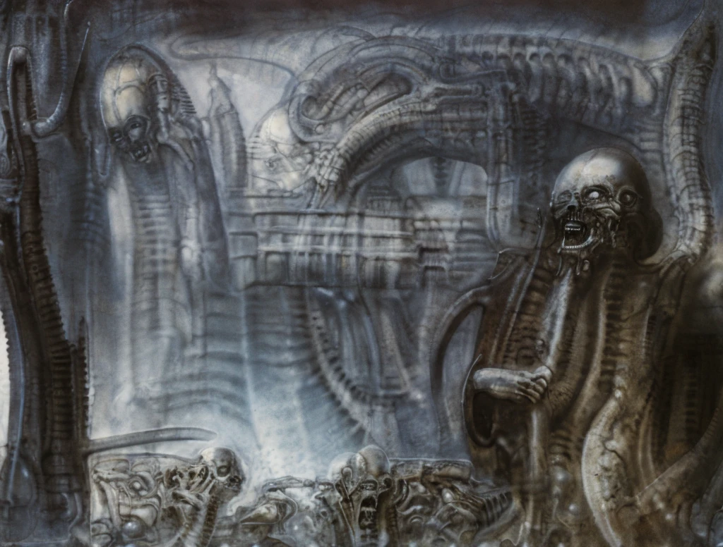 The image is a detailed view of H.R. Giger's biomechanical tableau \" Landscape XVI \" plate, featuring.
(airbrush painting, Giger's alien in front of broken alien ship in landscape, natural light, sharp focus, illustration, highly detailed, digital painting, concept art, matte, art by gric and kozhanov and moebius and Alphonse Mucha, masterpiece, HDR ,UHD , uplight, in HRGigerArhP style);1.
surrealistic painting of a monster with multiple tentacles and a body that looks like a brain, surrounded by a chaotic scene of swirling clouds and other monsters
It's a complex network of bones and organs in eldritch color scheme:a greenish-brown hue ,swirling gery and brown colors. The artwork is silverish and green brown, with an ivory bones prominently displayed. The image is highly detailed and intricate, almost like a 3d version of a medical sketchwork.
The piece is a tableau, most likely created with a India ink pen or pencil on paper, determined by the thin lines, shading techniques, and the texture of the paper, which is visible around the edges.
Used is pen, given the shading and variations in line weight visible in the image. Artist have used a variety of stylus with different degrees of hardness to achieve the shading effects.
The use of undersaturated green-grays dark contrasts creates a stark and graphic look. Is used a variety of linework techniques to create different textures. Fine, parallel lines create a smooth, metallic texture,while thicker, more cursive lines suggest cables or wires.
Light source from the top highlights skeletals, pper part of foreground, lower part of image is in shadowupper part of foreground, lower part of image is in shadow.
The art performance showcases the artist’s skills in observation and rendering. The level of detail in the piece suggests a close study of real bone specimens and mechanics. The artist has skillfully used shading techniques to create a convincing illusion of three-dimensionality on a flat surface. The wrinkles
