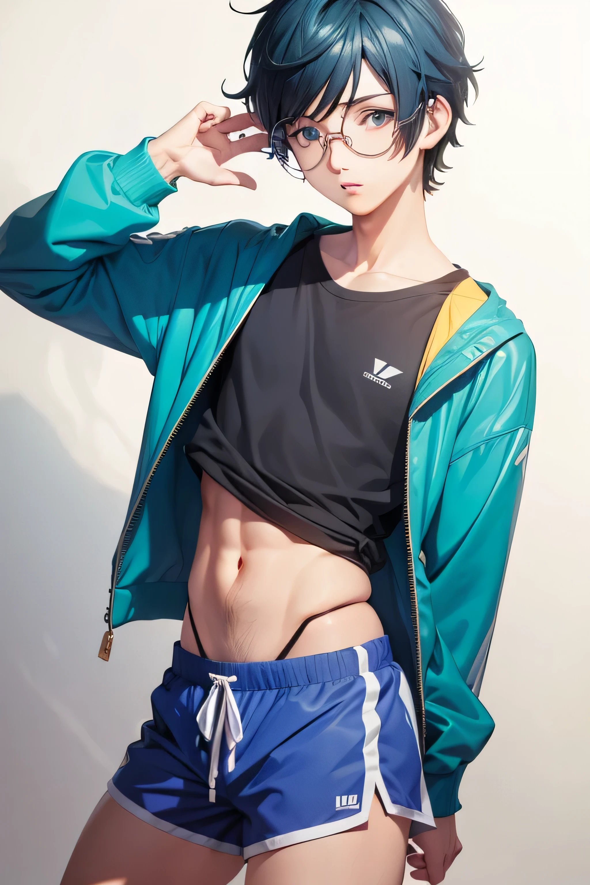Ren Amamiya Persona,anime boy,naked top with soccer shorts, glasses, detailed top,wearing blue shorts,