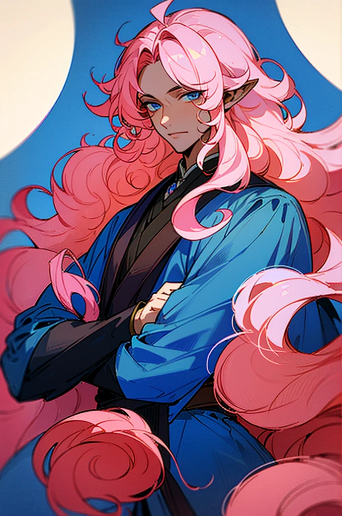 ((masterpiece)), ((one man)), man, man in late 30s, dark skin, blue eyes, detailed eyes, elve ears, pink hair, long hair, long curly hair, ((curly hair)), curly hair, tall, handsome, mature, blue clothes,
