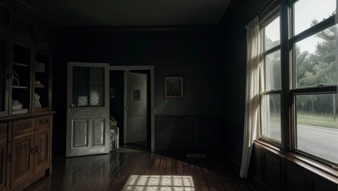 The interior of an ordinary house in the United states, a scene from a horror movie, a macabro and dark atmosphere até night