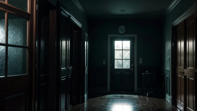The interior of an ordinary house in the United states, a scene from a horror movie, a macabro and dark atmosphere até night