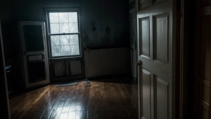 The interior of an ordinary house in the United states, a scene from a horror movie, a macabro and dark atmosphere até night
