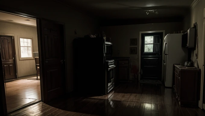 The interior of an ordinary house in the United states, a scene from a horror movie, a macabro and dark atmosphere até night