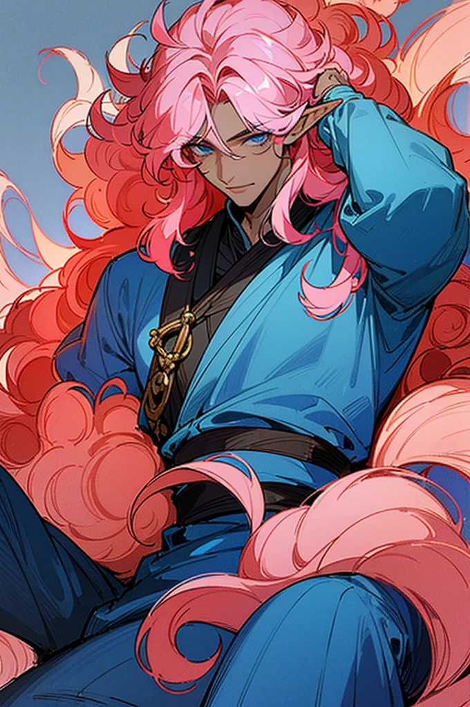 ((masterpiece)), ((one man)), man, man in late 30s, dark skin, blue eyes, detailed eyes, elve ears, pink hair, long hair, long curly hair, ((curly hair)), curly hair, tall, handsome, mature, blue clothes,