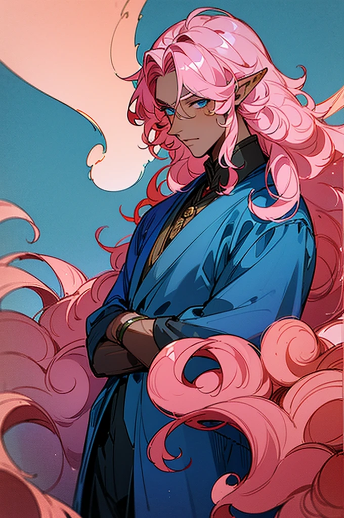 ((masterpiece)), ((one man)), man, man in late 30s, dark skin, blue eyes, detailed eyes, elve ears, pink hair, long hair, long curly hair, ((curly hair)), curly hair, tall, handsome, mature, blue clothes,
