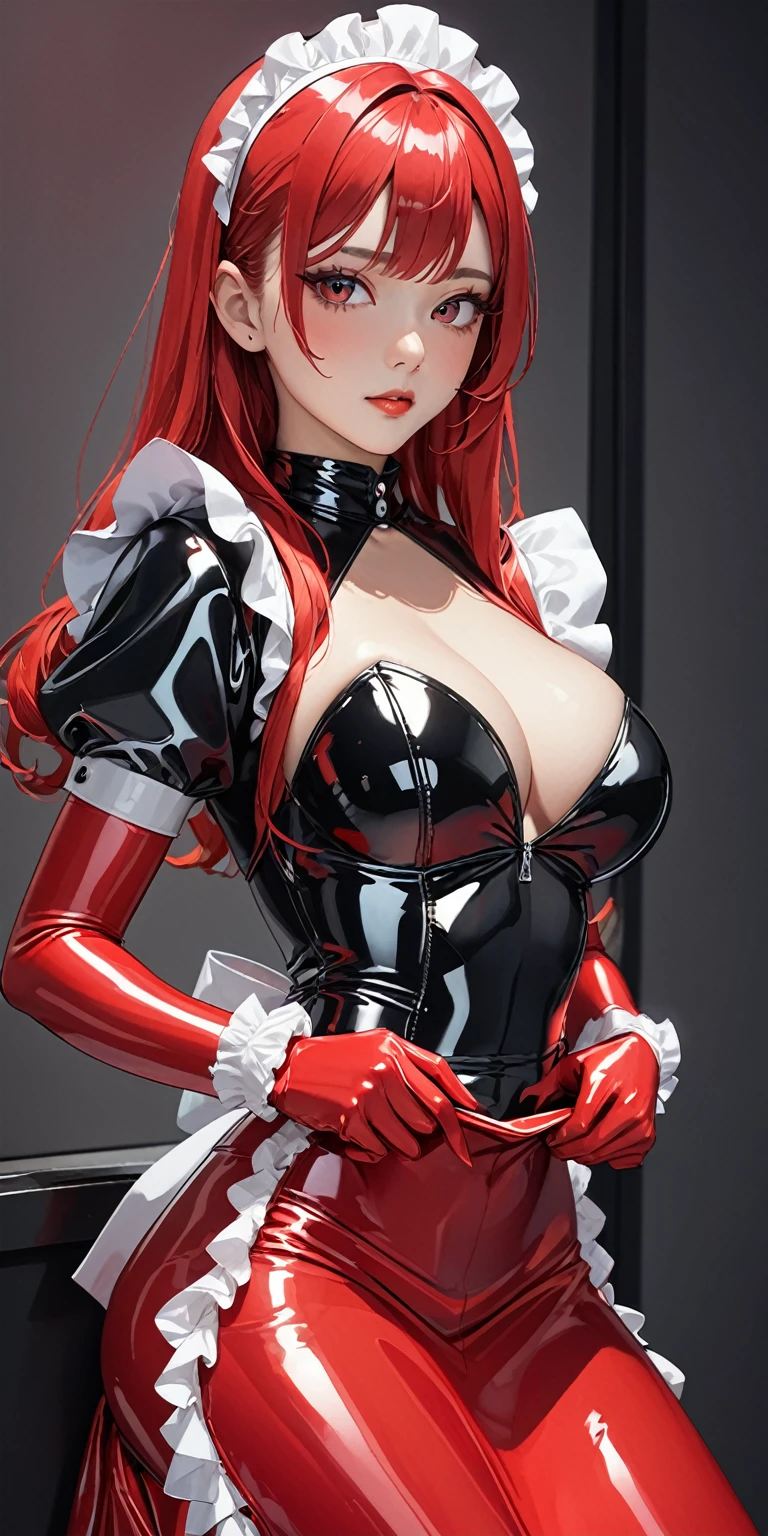 Portraiture、(masterpiece,Highest quality,Ultra-high resolution),Japanese women, (((Very beautiful 25 year old girl))),(Bright red latex maid outfit)、((Bright red latex long skirt))、(A bright red long-sleeved latex shirt covering the upper body)、Bright red latex gloves、Bright red latex socks、(Bright red latex bodysuit)、Frills、The clothes fit perfectly、Bright red latex has a strong metallic sheen.、Dark Room、