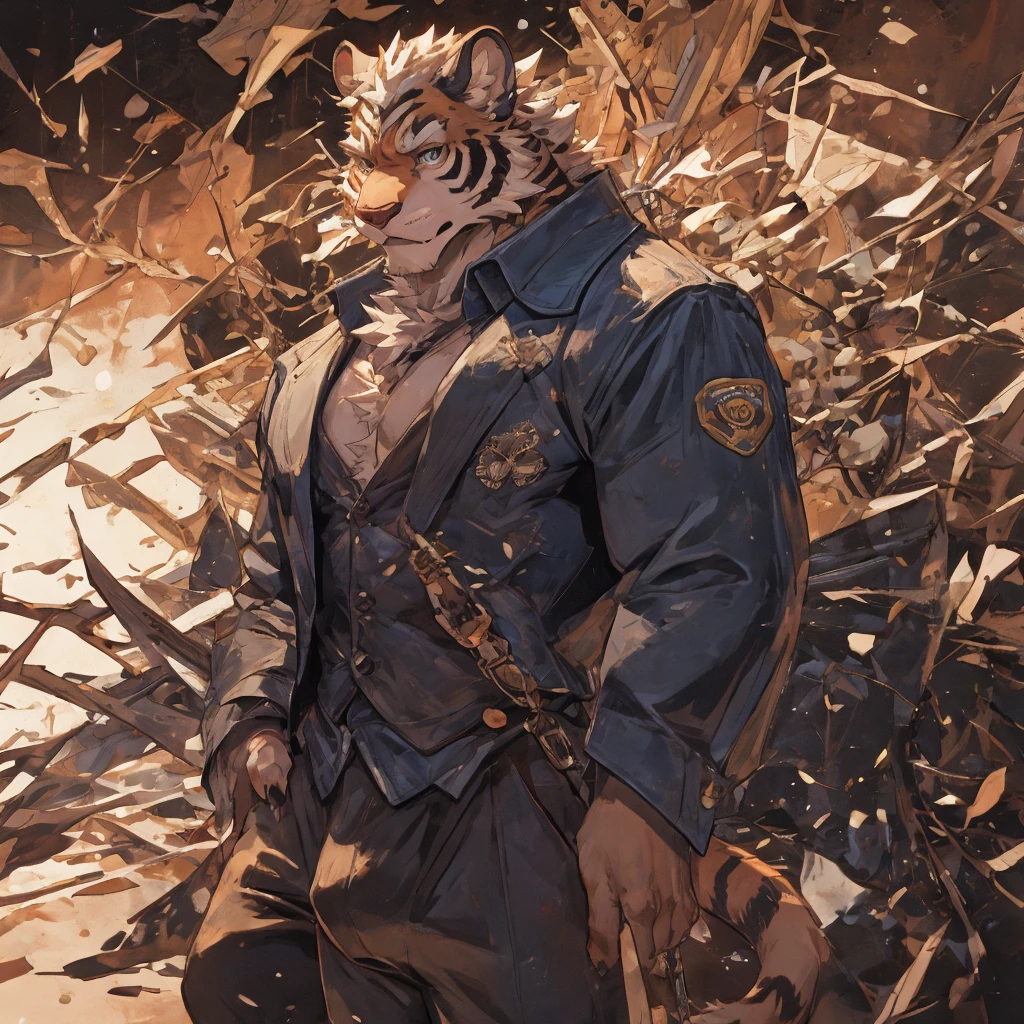 {{bara extremely handsome white tiger,}} {{white fur,}} white, wearing elegant ornate suit jacket, trousers, white dress shirt and necktie, white fluffy furry body and limbs, loafers, very tall, very broad shoulders, narrow waist, muscular arms, massive pecs, purple eyes, very long legs, massive bulge, sophisticated hot look, 3/4 view, best quality, high detail, CG image, character splash art, silver earring on left ear, sultry smirk