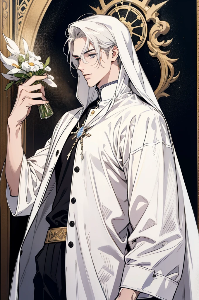 Detailed face of a 25 year old man, Beautiful，tall and muscular boy, wears a white priest&#39;s robe, beautiful, ((in sacred attire)), gentle androgynous prince,white clothes, Beautiful guy in demon slayer art, interesting character design, Professional Character Design, high quality character design, Male character design, In a black noble suit, full body character design, Anime character design, blonde hair, long hair, heavenly eyes