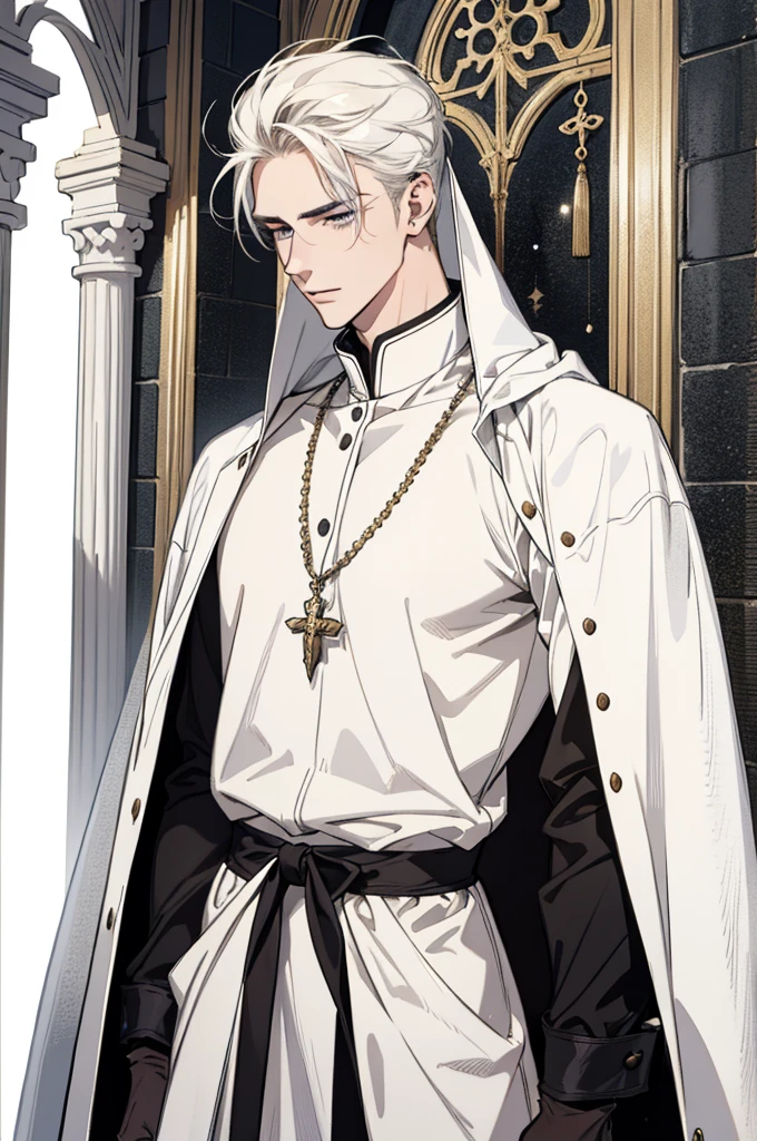 Detailed face of a 25 year old man, Beautiful,tall and muscular boy, wears a white priest's robe, beautiful, ((in sacred attire)), gentle androgynous prince,white clothes, Beautiful guy in demon slayer art, interesting character design, Professional Character Design, high quality character design, Male character design, In a black noble suit, full body character design, Anime character design, blonde hair, long hair, heavenly eyes
