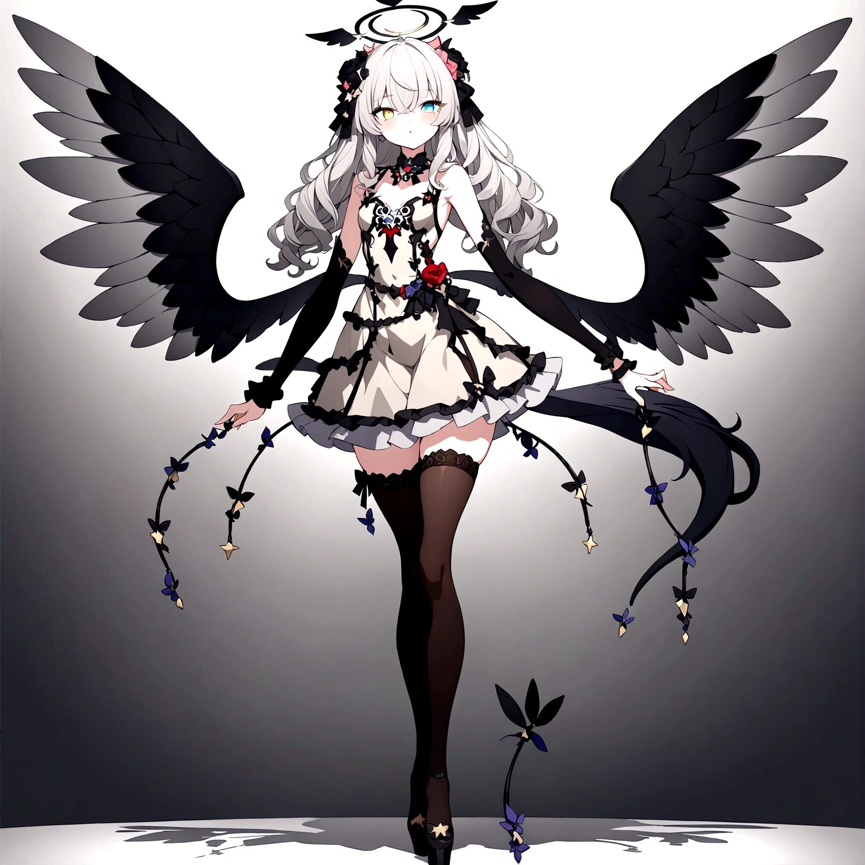 woman 160 cm tall, slim build. (character design sheet: front view). Long Wavy Gray Hair with Thigh Length Curls. (heterochromia: one light green eye and one amber eye), she has little ribbons in her hair, rose-shaped brooch on the right side of the hair. extremely detailed face, small face, Beautiful detailed eyes, beautiful detailed lips. adorable, extremely detailed legs, (Best Quality, 4k, 8k, high resolution), ultra detailed, Exquisite and epic character art... Black high stockings with gold star print... Black platform heels, One-piece dress with low waist and ruffles.. It has robotic arms up to the forearm... dark gray belt at the waist with a small blue crescent, black necklace on the neck with rose-shaped decoration. He has small angel wings on his back that are dark blue and black.... It has a succubus tail that ends in the shape of a heart. Wide hips. Wears a luminous gray and black halo with rose patterns... (small chest size). beautiful detailed wings. beautiful detailed hair, beautiful detailed dress. 