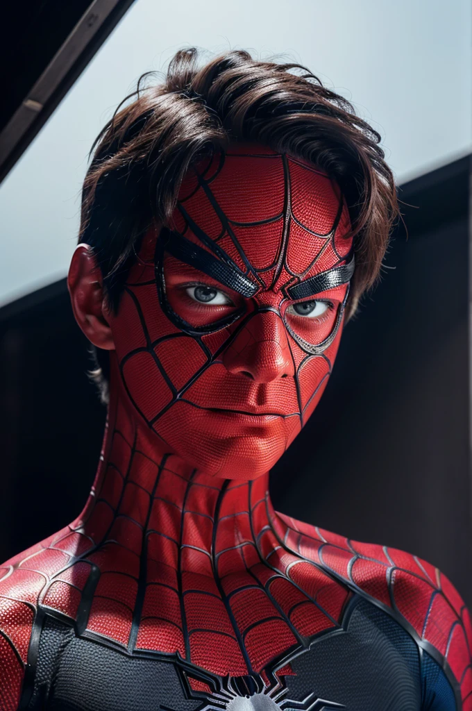 A photograph of spider man, no mask, 20 yo, handsome, detailed face, looking at camera, portrait, 8k uhd, high quality