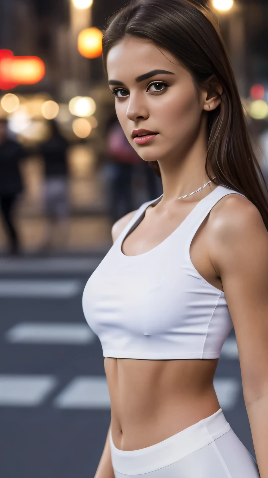 ((Realistic lighting, Best quality, 8K, Masterpiece: 1.3)), Clear focus: 1.2, 1girl, Perfect Figure: 1.4, Slim Abs: 1.1, ((Dark brown hair)), (White crop top: 1.4), (Outdoor, Night: 1.1), City streets, Super fine face, Fine eyes, Double eyelids,