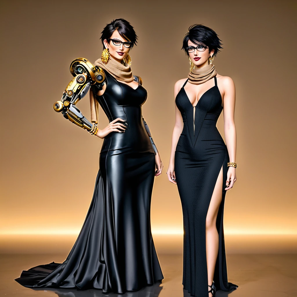 tall beautyfull woman, bayonetta, cyberpunk clotches, cybernetic implants, short hair, black chic glasses, big beige colors scarf, golden earring, black dress, golden bracelet, black boot