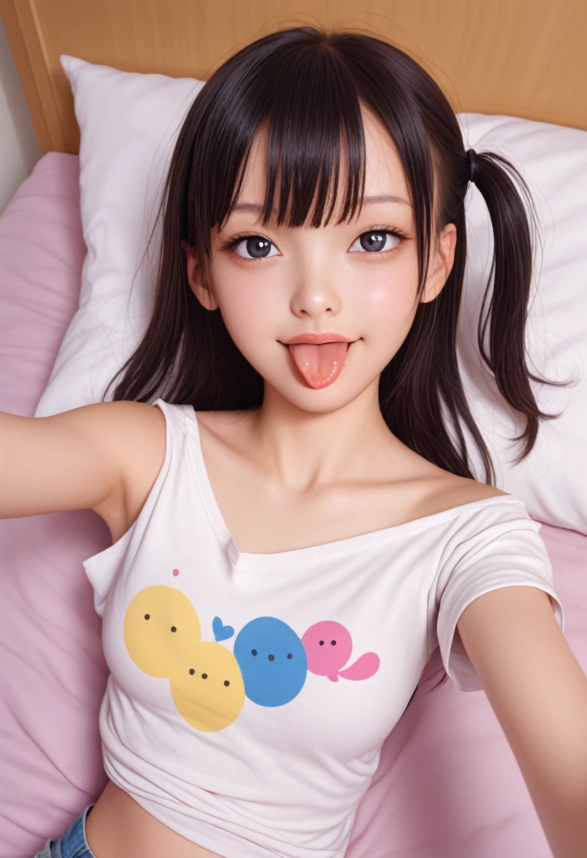 ollarbone,pastel colors t-shirt,off-shoulder look,bare shoulder,midriff peek,micro shorts,open mouth,(tongue out:2),lying,Selfie,front view,upper body,(1girl,Beautiful  girl),((Slender,Small breasts,Small face,)),looking at viewer,Black Hair,bangs,one side up,Beautiful and detailed,Mischievous smile,Dimly lit room,Simple Background,bed,pillow,best quality