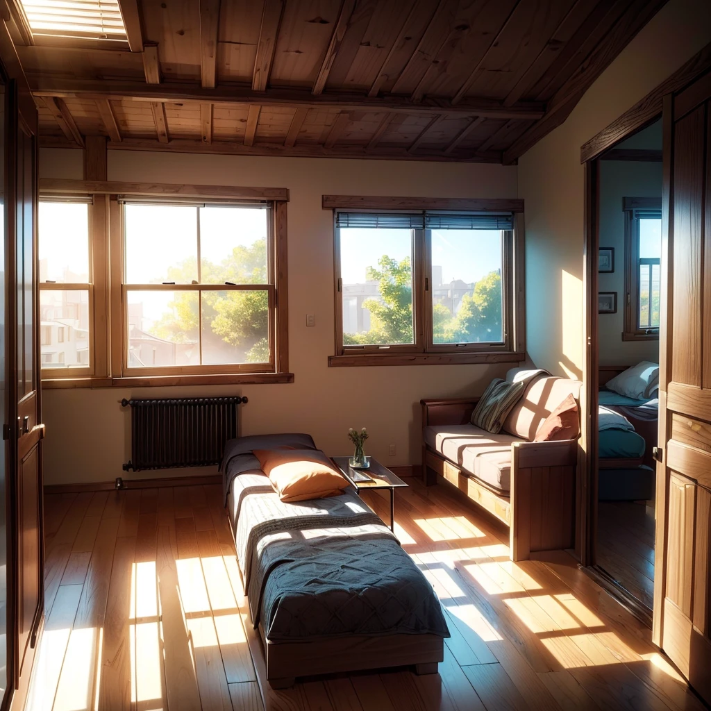 A medium size room with two large windows, one on the front amd one on the left. There is a bed on the right close to a wordrobe and a door to the bathroom. A study table and a sofa, (best quality, 4k, 8k, high resolution, masterpiece: 1.2), ultra-detailed texture (realistic, photorealistic, photorealistic :1.37) : additional details of the illustration: sunlight coming through the window, vintage color tone: warm and earthy: soft natural light
