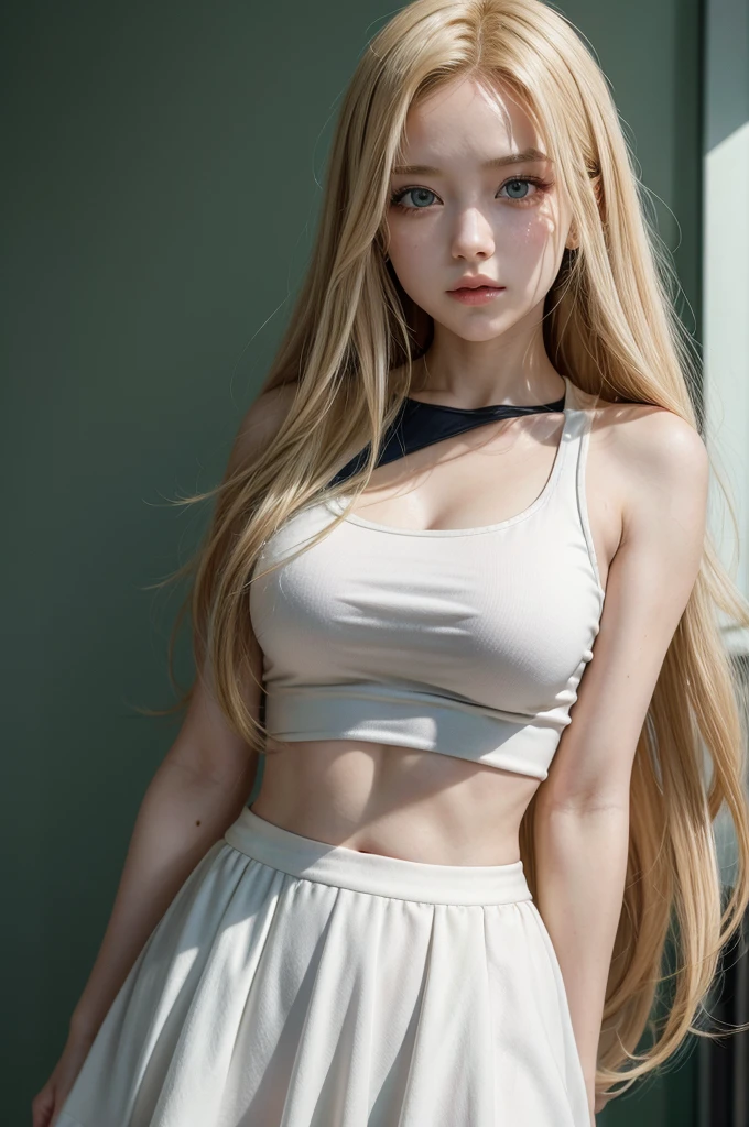 Boku no hero academia female character. Blonde. long straight hair. green eyes. Wear a white top. White skirt. Reflects sunlight and shines around it