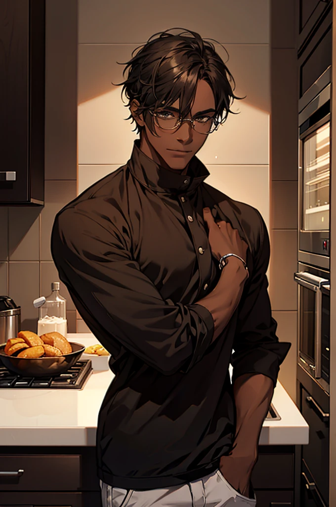 1male, black hair, dark skinned man, very dark skin, brown eyes, black hair, muscular body, casual clothes, casual pose, glasses, mature face, ikemen, smile, kitchen background, 4k, high resolution, rim lighting