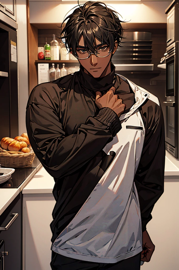 1male, black hair, dark skinned man, very dark skin, brown eyes, black hair, muscular body, casual clothes, casual pose, glasses, mature face, ikemen, smile, kitchen background, 4k, high resolution, rim lighting