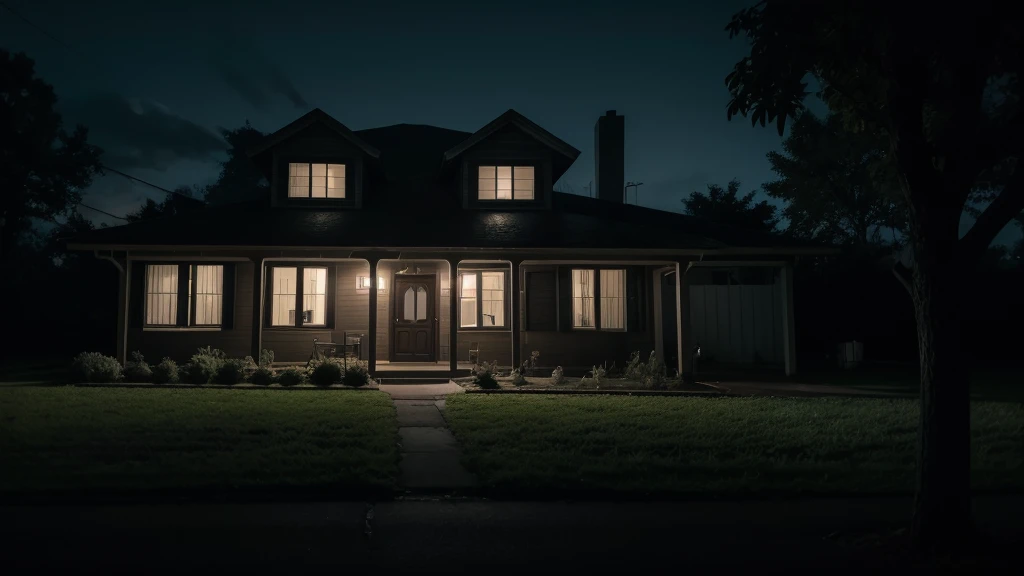 The extern of an ordinary house in the United states, a scene from a horror movie, a macabro and dark atmosphere até night