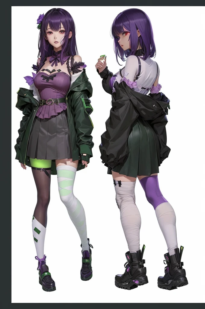 two anime girls in short skirts and tights are standing next to each other, full body concept, detailed full body concept, outfit design, [ character design ], some green and purple, detailed character design, unrealistic character concept, full body character design, clothing concept, full body character concept, full body adoptable, character adoptable, outfit designs, full body illustration, green skin, anime costume, zombie cosplay, anime, bandages wrapped around legs, 