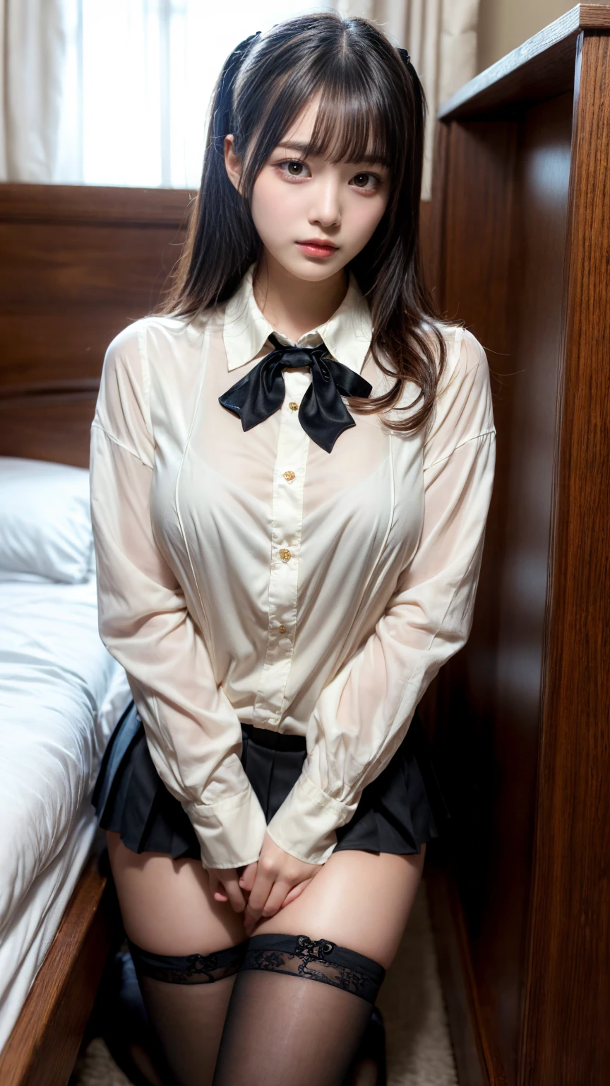 masterpiece, best quality, illustration, Super detailed, fine details, High resolution, 8K,wall paper, perfect dynamic composition,(Details High quality, realistic depiction of eyes:1.3), (collared shirt:1.1), pleated skirt, knee high socks, large breasts, black hair color, Big Natural Color Lip, bold sexy pose, (perfect body shape), crying a little、cold gaze, Harajuku style、20 year old girl、cute type、lolita、beautiful legs, hotel room, hposing Gravure Idol, Voluptuous thighs